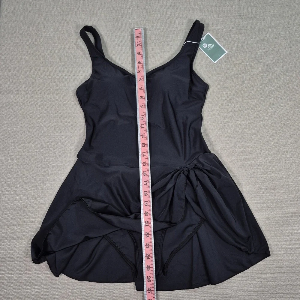 Eomenie Womens Black Tummy Control Swim Dress One Piece Side Tie Sarong M New